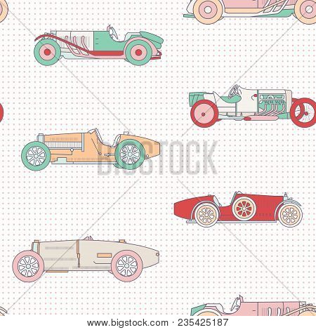 Vector Race Retro Sport Car Seamless Pattern. Vintage Automobiles Isolated On White Background