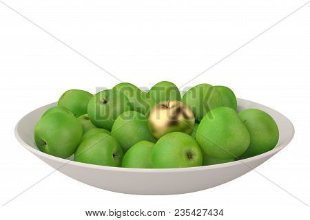 A Golden Apple In A Pile Of Green Apple.3d Illustration.