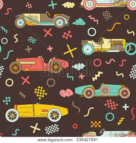 Vector Race Retro Sport Car Seamless Pattern. Vintage Automobiles Isolated On White Background. Memp