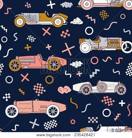 Vector Race Retro Sport Car Seamless Pattern. Vintage Automobiles Isolated On White Background. Memp