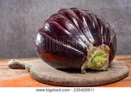 Israeli Huge Baladi Big Ripe Whole Raw Violet Eggplant On Table