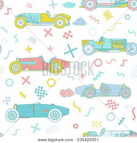 Vector Race Retro Sport Car Seamless Pattern. Vintage Automobiles Isolated On White Background. Memp