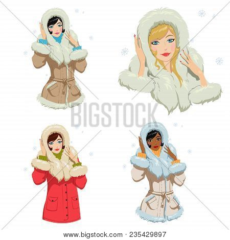 Beautiful Girl In Winter Clothes.set Of Four Illustrations