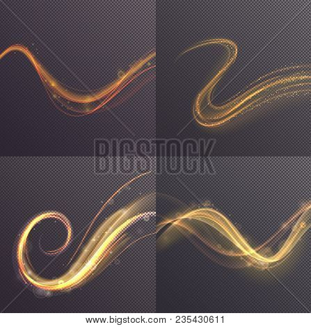 Golden Lightwaves On Transparent Background. Set Of Sparkle Motion Effects Or Glowing Curvy Lines, E