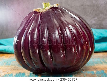 Israeli Huge Baladi Big Ripe Whole Raw Violet Eggplant On Table
