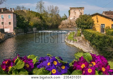 Idyllic View Of Borghetto Sul Mincio Medieval Village In Veneto, Italy, Europe