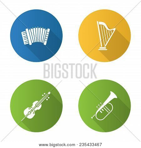 Musical Instruments Flat Design Long Shadow Glyph Icons Set. Accordion, Harp, Violoncello, Flugelhor