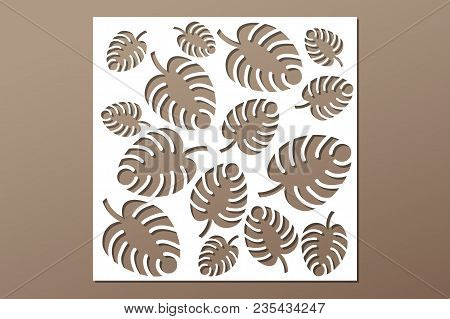 Decorative Panel Laser Cutting. Wooden Panel. Elegant Modern Monstera Pattern. Tree Leave. Stencil. 