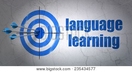 Success Studying Concept: Arrows Hitting The Center Of Target, Blue Language Learning On Wall Backgr