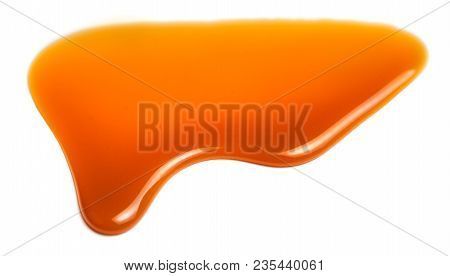 Pouring Caramel Sauce Isolated On White Background. Golden Butterscotch Toffee Caramel Liquid Drop