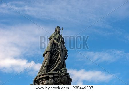 Russia, Saint Petersburg - August 18, 2017: A Bronze Monument To Catherine The Great On Ostrovsky Sq