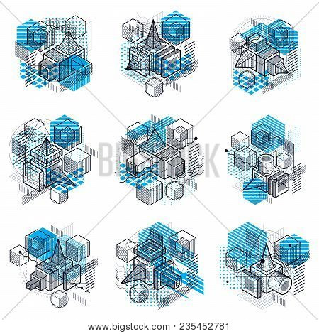 Isometric Linear Abstract Vector Backgrounds, Lined Abstractions. Cubes, Hexagons, Squares, Rectangl