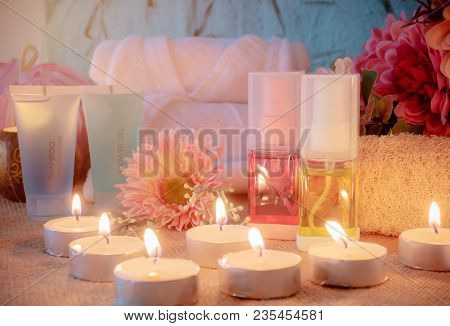 Bath Set With Candle In Bathroom.body Care Product In Packageing Setting.healthy Concept.spa Concept