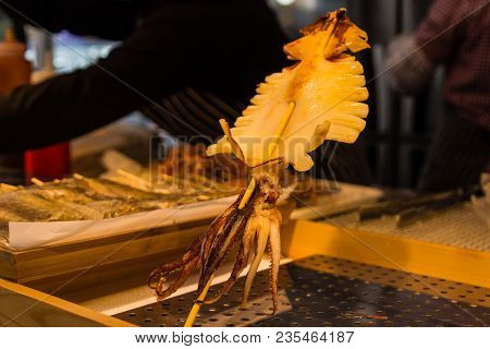Grilled Sduid In The Street Food Resoraunt In Korea