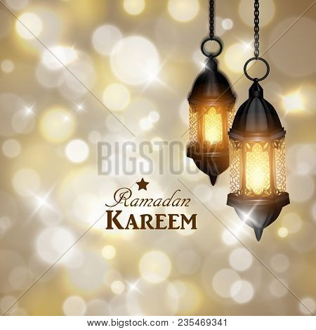 Intricate Arabic Lamps With Lights For Ramadan Kareem On Golden Magical Bokeh Background Vector