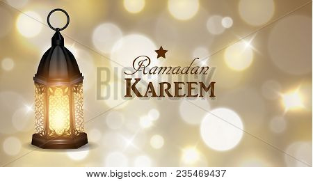 Intricate Arabic Lamp With Lights For Ramadan Kareem On Golden Magical Bokeh Background Vector
