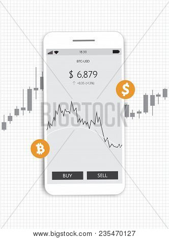 Flat Modern Design Concept Of Cryptocurrency Technology, Bitcoin Exchange, Mobile Banking. Smartphon