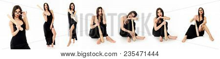 Collage, Girl In A Black Dress With A Baseball Bat On A White Background.