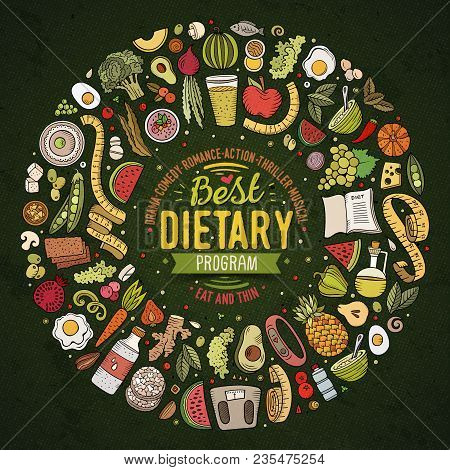 Set Of Vector Cartoon Doodle Diet Food Objects Collected In A Round Border. Dietic Card Design