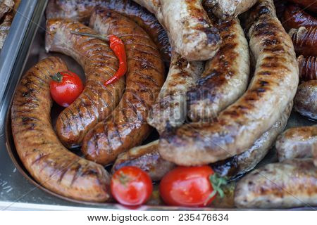 Grilled Fruit And Vegetable. Delicious Grilled Sausages. Fine Food Fair.