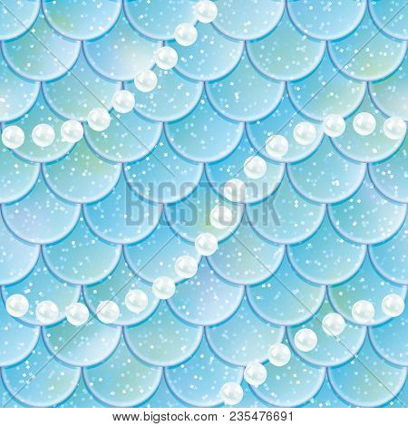 Fish Scales With Pearls Seamless Pattern. Mermaid Tail Texture. Vector Illustration. Print Design Fo