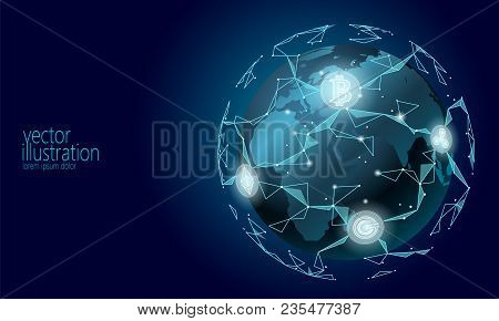 Global International Blockchain Cryptocurrency. Planet Space Low Poly Modern Future Technology Finan