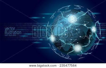 Global International Blockchain Cryptocurrency. Planet Space Low Poly Modern Future Technology Finan