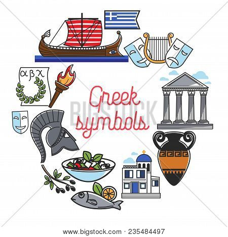 Greece Travel Poster Of Greek Famous Sightseeing Landmarks And Culture Attractions. Vector Symbols O