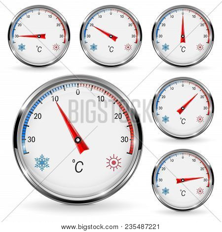 Thermometers. Round Gauge With Chrome Frame. Vector 3d Illustration Isolated On White Background