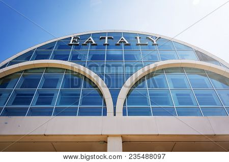 Rome, Italy, April 2017: Bottom View Of The Exterior Glass Facade Of The Famous Italian Food Store E