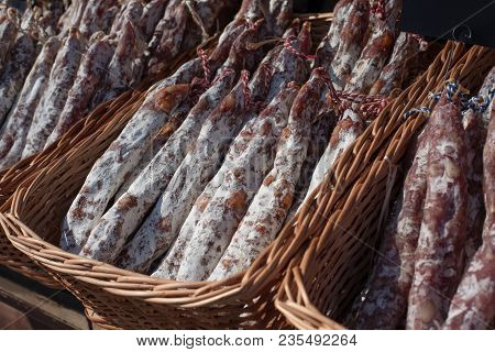 Traditional Sausage Is Dry In Market. Gastronomic Products For Gourme.