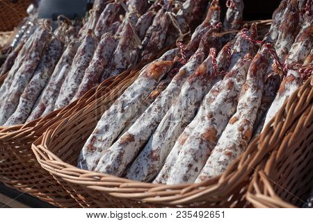 Traditional Sausage Is Dry In Market. Gastronomic Products For Gourme.