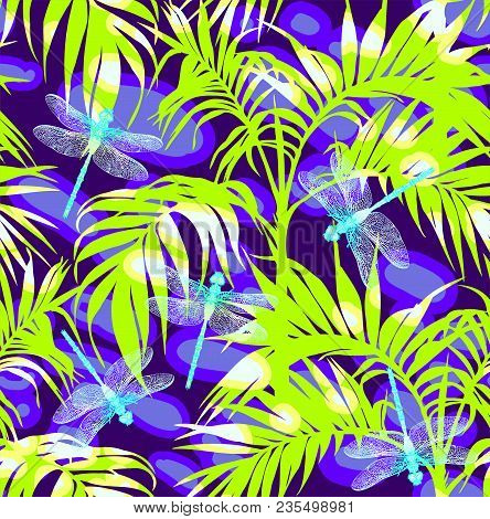 Dragonfly And Leaves. Seamless Pattern. Dark Blue Backgrounds. Summer River.