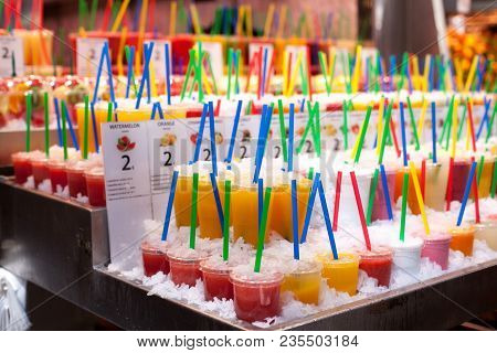 Tasty Fruit Smoothies At The Boqueria Market In Barcelona.fresh Natural Juice For Sale In Spanish Ma