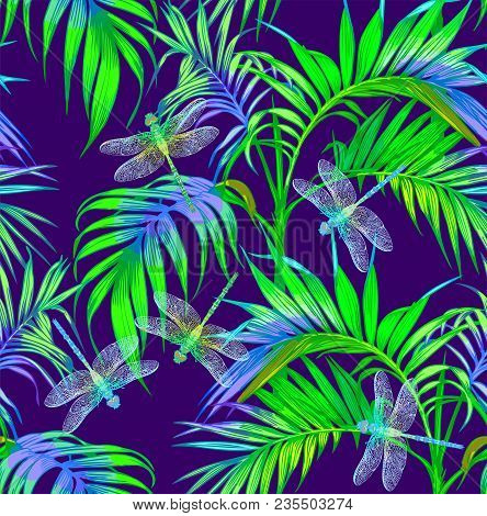 Dragonfly And Palms. Vector Seamless Pattern. Dark Blue Backgrounds. Summer Night.