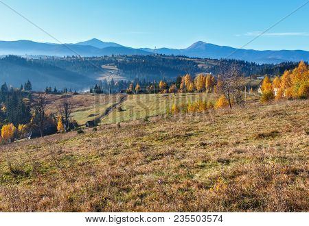 Morning Carpathian Mountains And Village Hamlets On Slopes (yablunytsia Village And Pass, Ivano-fran