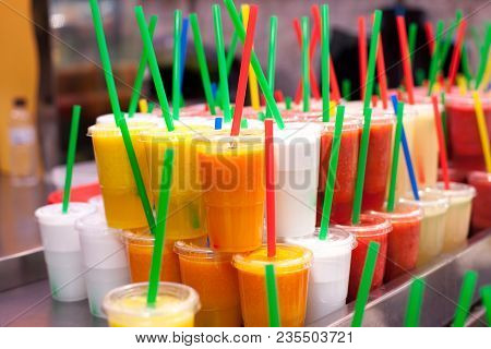 Tasty Fruit Smoothies At The Boqueria Market In Barcelona.fresh Natural Juice For Sale In Spanish Ma