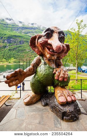 Geiranger, Norway - July 30, 2017: Norwegian Troll In Geiranger Village In Sunnmore Region Of Norway