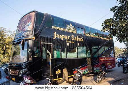 Jaipur, India - January 11, 2018: Exclusive Tourist Indian Bus Hotel On Wheels