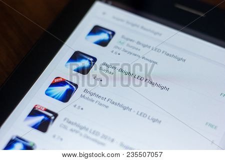Ryazan, Russia - March 21, 2018 - Super Bright Led Flashlight Icon On The List Of Mobile Apps