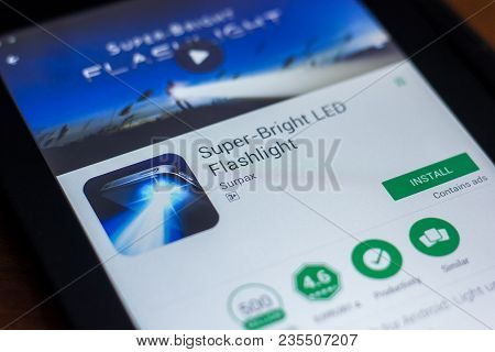 Ryazan, Russia - March 21, 2018 - Super Bright Led Flashlight Mobile App On The Display Of Tablet Pc