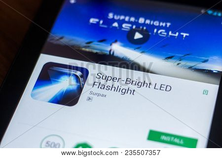 Ryazan, Russia - March 21, 2018 - Super Bright Led Flashlight Mobile App On The Display Of Tablet Pc