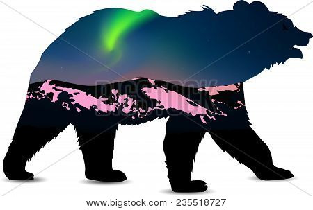 Silhouette Of Bear With Green Northern Lights Above Mountains.
