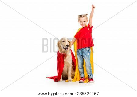 Dog Standing In Red Cape With Gesturing Supergirl Beside Isolated On White
