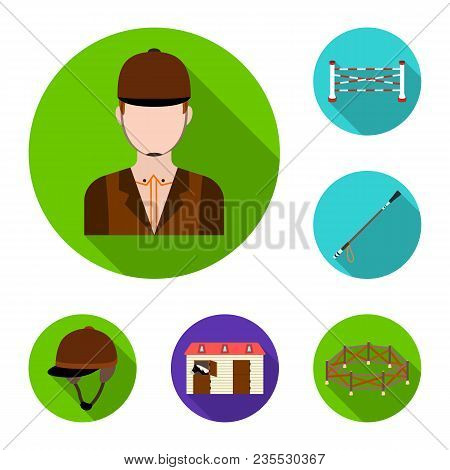 Hippodrome And Horse Flat Icons In Set Collection For Design. Horse Racing And Equipment Vector Symb