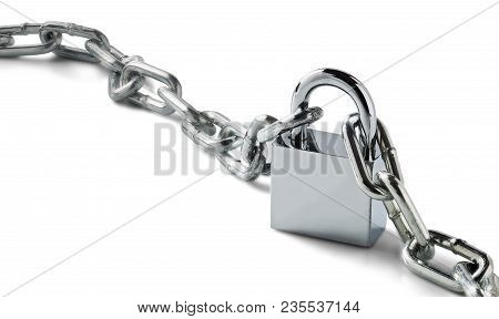 Chrome Metal Padlock, Chains On Isolated White Background With Shadows. Object For Protection And Sa