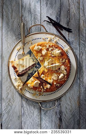 Baked Halvah Cheesecake Garnished With Vanilla And Halvah