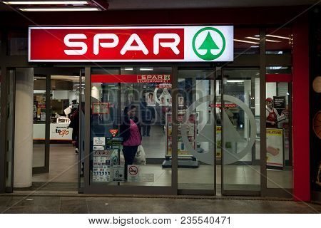 Budapest, Hungary - April 6, 2018: Spar Logo On One Of Their Supermarkets. Spar Is A Dutch Franchise
