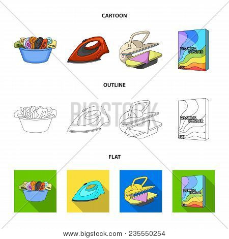 A Bowl With Laundry, Iron, Ironing Press, Washing Powder. Dry Cleaning Set Collection Icons In Carto