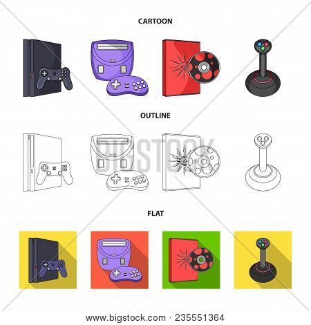 Game Console, Joystick And Disc Cartoon, Outline, Flat Icons In Set Collection For Design.game Gadge